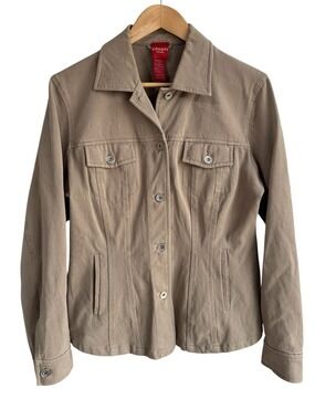 Olsen Europe Stretch Cotton Jacket Womens Sz 10 Taupe Button Front Neutral Coat